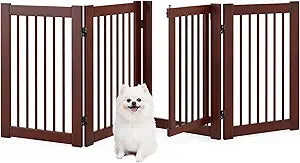 Giantex Dog Gate with Door - 30''H 80''W Wooden Pet Gate with Walk Through Door, Foldable Freestanding 4 Panels Pet Safety Fence Extra Wide for Doorway Stairs House Deck Yard, Dark Cherry Brown