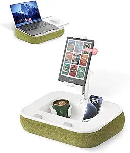 Viozon Kindle Pillow Stand Holder, Phone Holder for Bed, Laptop Lap Desk with Mouse Pad,Compatible with 4.7-13' Kindle/Tablet/Phone,10-15' Laptop, Snack Bowl&Cup Attachment&Detachable 360 Stand Arm