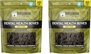 Indigenous Pet Dental Health Bones Mini 2 Pack Original Fresh Breath (11.92 Ounce x 2) | Grain-Free Dog Chews with Prebiotics & Omegas | Freshens Breath, Supports Digestive, Skin & Coat Health |