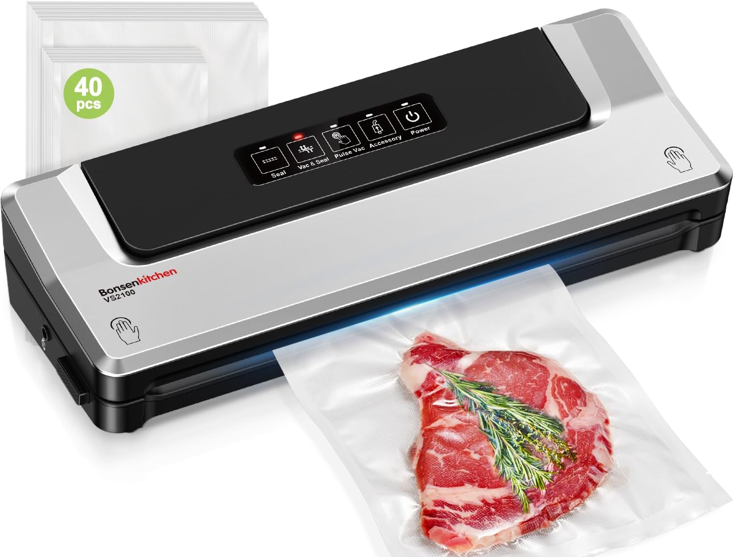 [Updated 2025] Bonsenkitchen Vacuum Sealer Machine + 40 Vacuum Bags, Fast-Compact\/Multi-Functional Food Vacuum Sealer with External Vacuum System, Silver