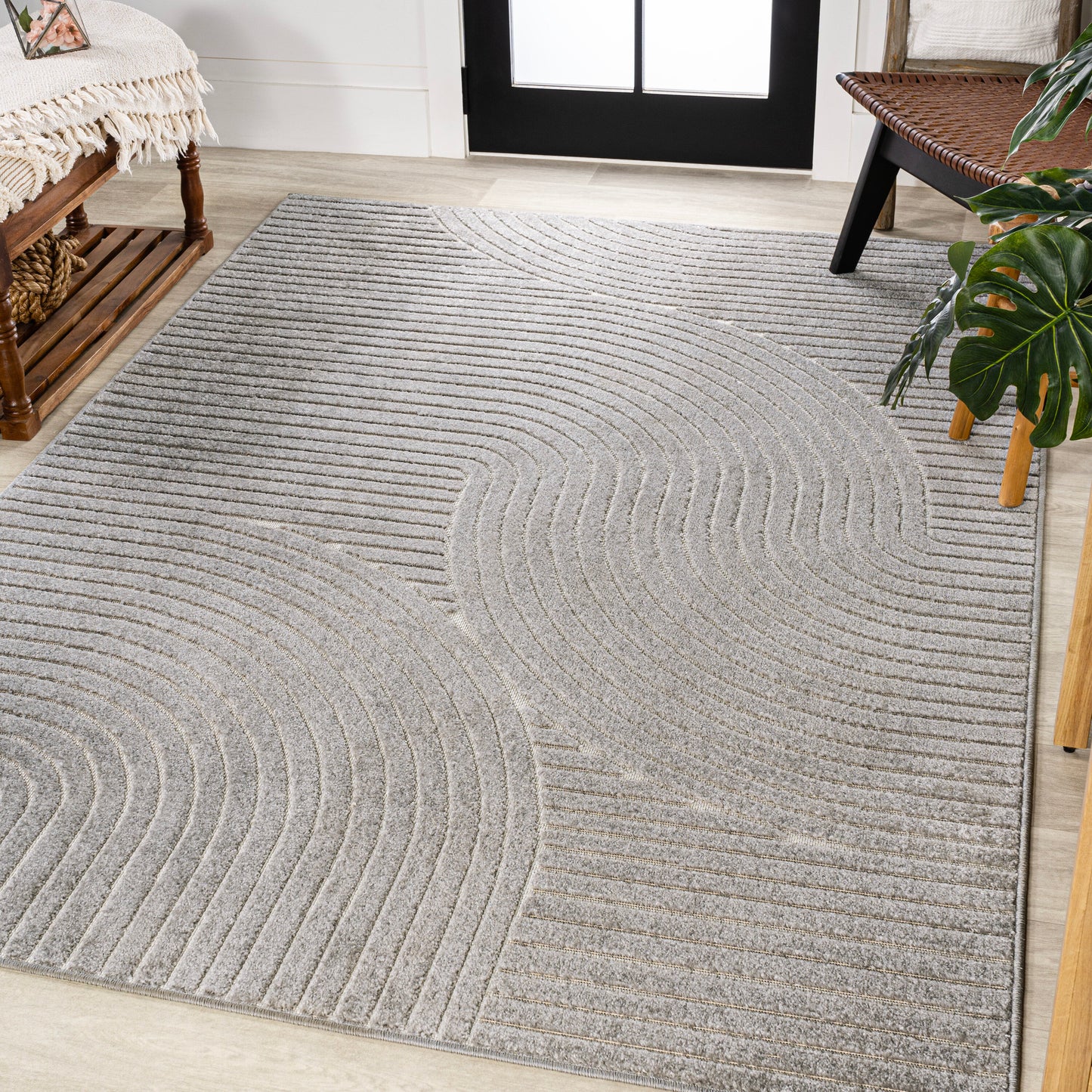 JONATHAN  Y SCANDINAVIAN Hallie High-Low Minimalist Curve 10 x 14 (ft) Loomed Polypropylene Gray/Ivory Rectangular Indoor/Outdoor Geometric Mid-Century Modern House Wahable Pet Friendly Area rug
