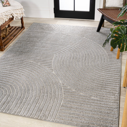 JONATHAN  Y SCANDINAVIAN Hallie High-Low Minimalist Curve 10 x 14 (ft) Loomed Polypropylene Gray/Ivory Rectangular Indoor/Outdoor Geometric Mid-Century Modern House Wahable Pet Friendly Area rug