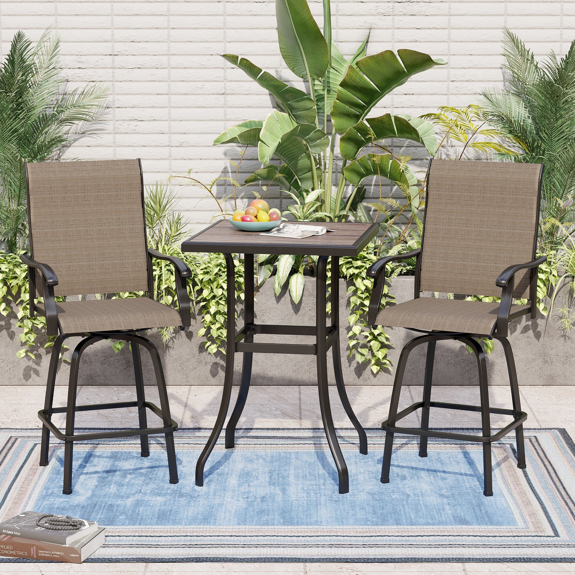 Sunshine Valley Outdoor Bistro Set 3 -Piece Black Balcony Height Patio Dining Set Steel Square Table with 2 Brown Swivel Chairs