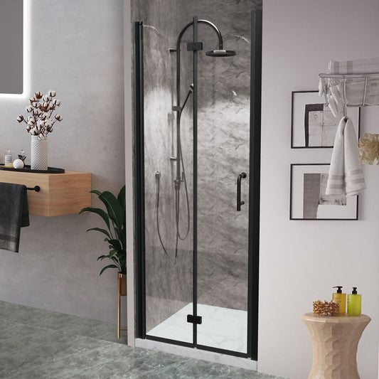 WELLFOR EX Small Bifold Shower Door Matte Black 35-1/2-in to 36-in W x 72-in H Semi-frameless Clear Glass Bifold Shower door