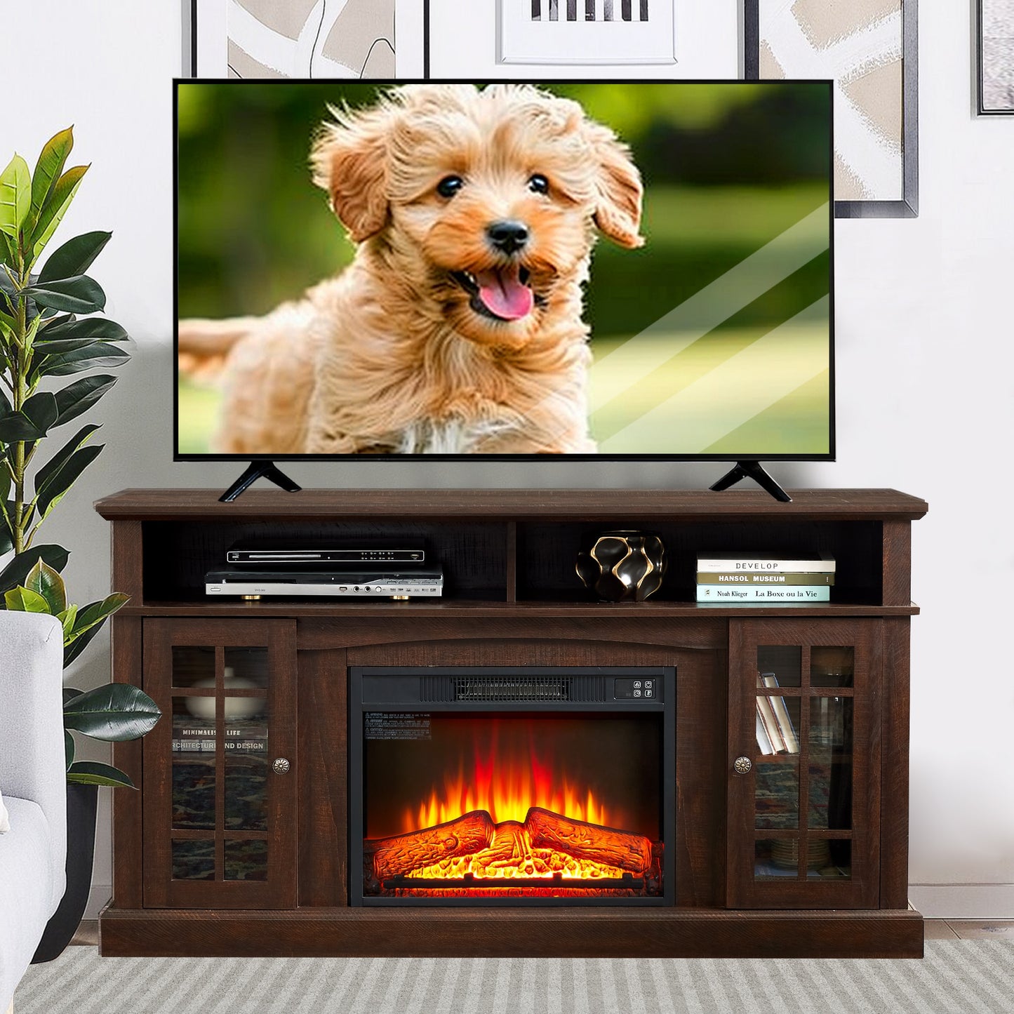 Fun Orange 58.25-in W Espresso TV Stand with Fan-forced Flat wall with Remote Control Included