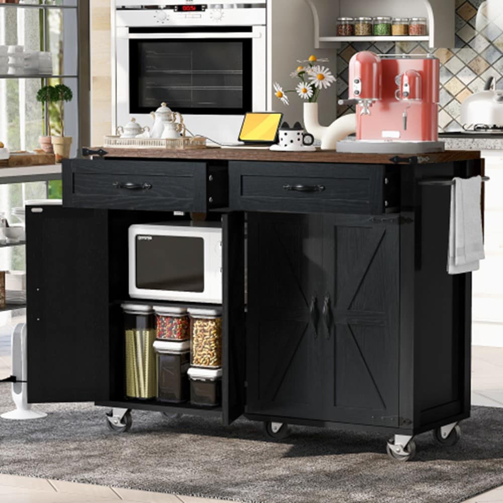 Runesay Black MDF Base with MDF Wood Top Rolling Kitchen Island ( 28.75-in x 53.50-in x 36.5-in )
