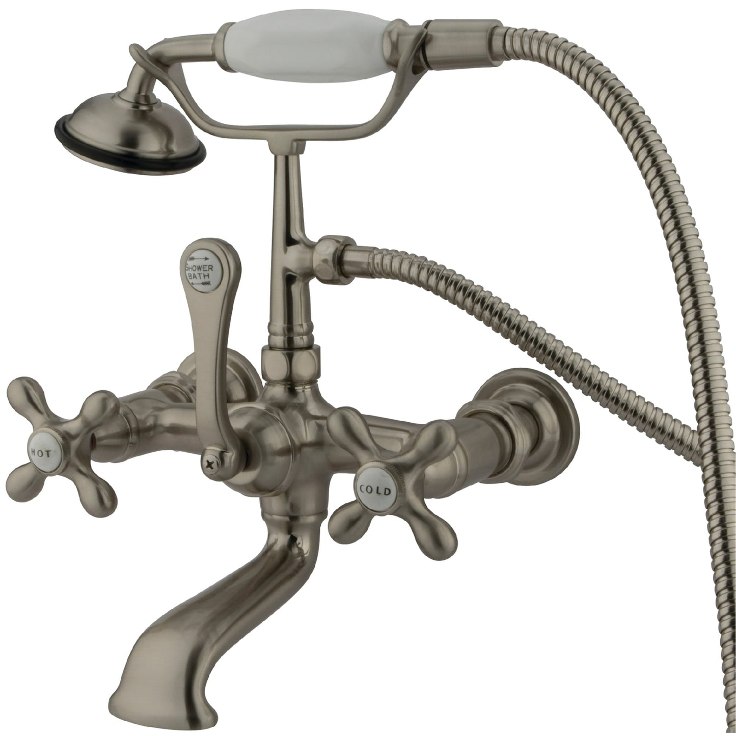 Kingston Brass Vintage Brushed nickel 3-handle Wall-mount Low-arc Bathtub Faucet with Hand Shower ( Valve Included )