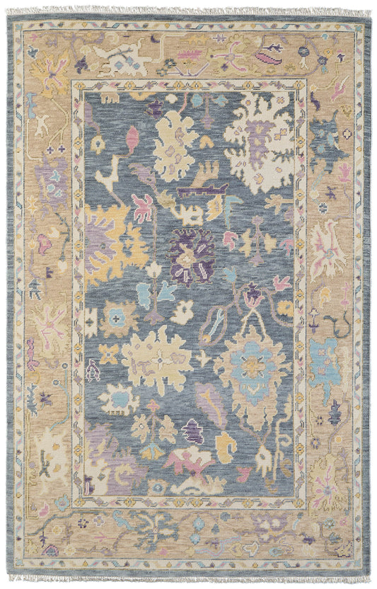 Room Envy Larson 4 x 6 (ft) Knotted Wool Dark Denim Blue/Wheat Beige Rectangular Indoor Floral/Botanical Global Professionally Clean Only Area rug