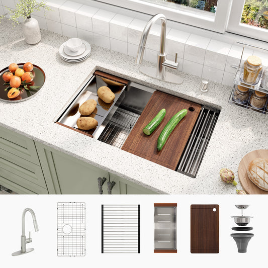 CASAINC Undermount 30-in x 19-in Stainless steel Single bowl 18 -Gauge Workstation Kitchen Sink All-in-One Kit with Drainboard