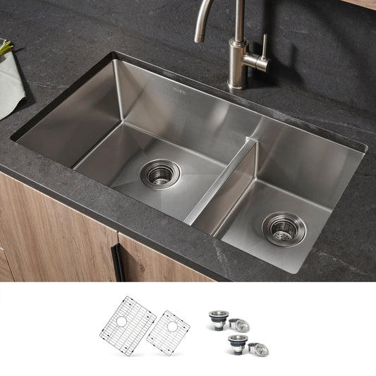 Ruvati Urbana Undermount 33-in x 19-in Stainless steel Double offset bowl 16 -Gauge Kitchen Sink