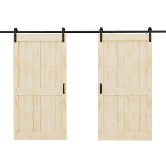 JUJUBON 84-in x 84-in natural Unfinished Plank Pine Wood Solid core Double Barn Door (Hardware Included)