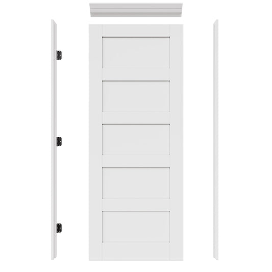 JUJUBON 36-in x 80-in White Quickly Assemble Jamb Solid core 5-panel Left hand Smooth Prefinished MDF Flat Jamb Single Prehung Interior Door with