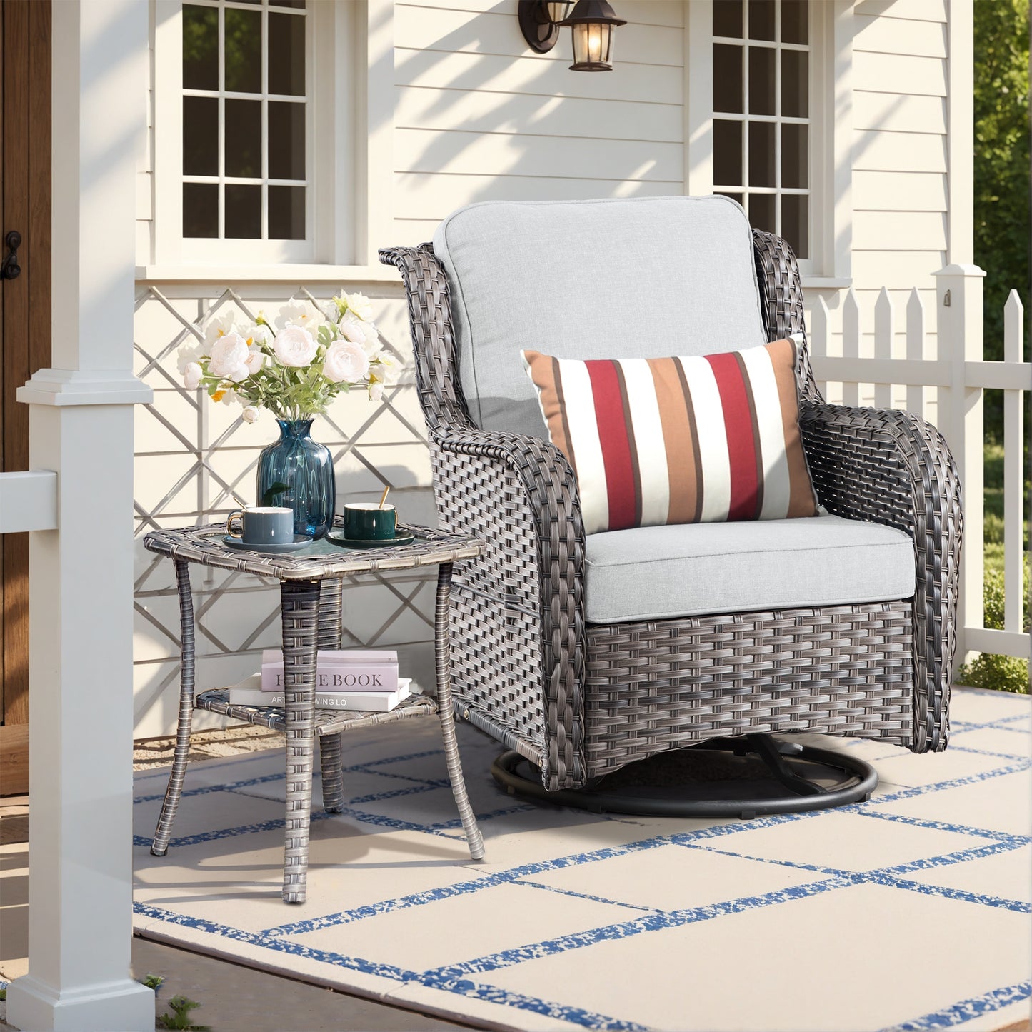 Pouuin Wicker Gray Metal Frame Swivel rocker Rocking Chair with Gray Cushioned Seat