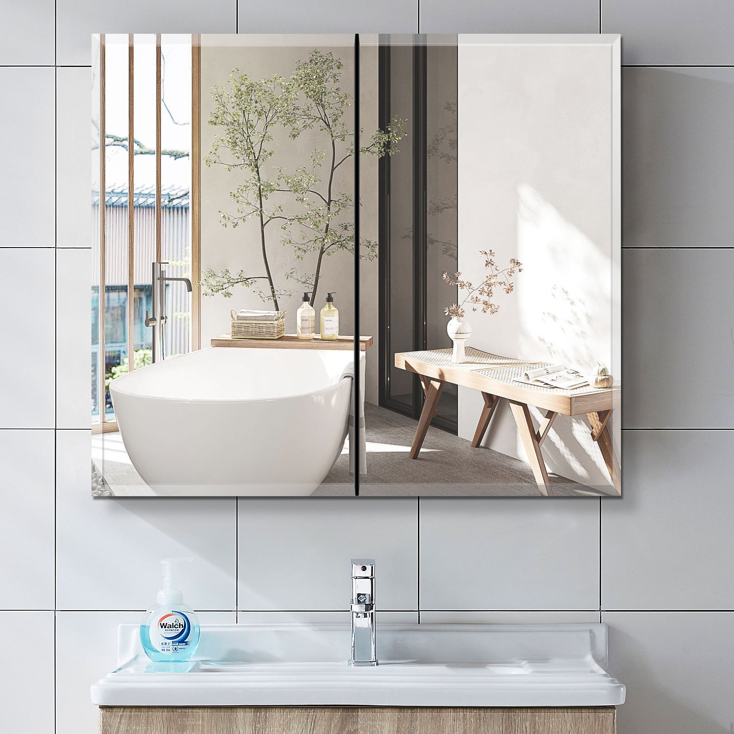 Forclover Medicine Cabinet 30-in x 26-in Surface/Recessed Mount Silver Mirrored Rectangle Soft Close Medicine Cabinet