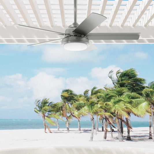 Hunter Seawall 52-in Matte Silver with Matte Silver Blades Uncovered Outdoor Ceiling Fan With Light 5 -Blade