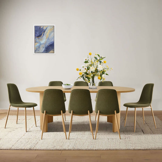 Maison Boucle Set of 8 Olive Green Linen Upholstered Dining Chairs with Oak Finish Metal Legs for Dining Table