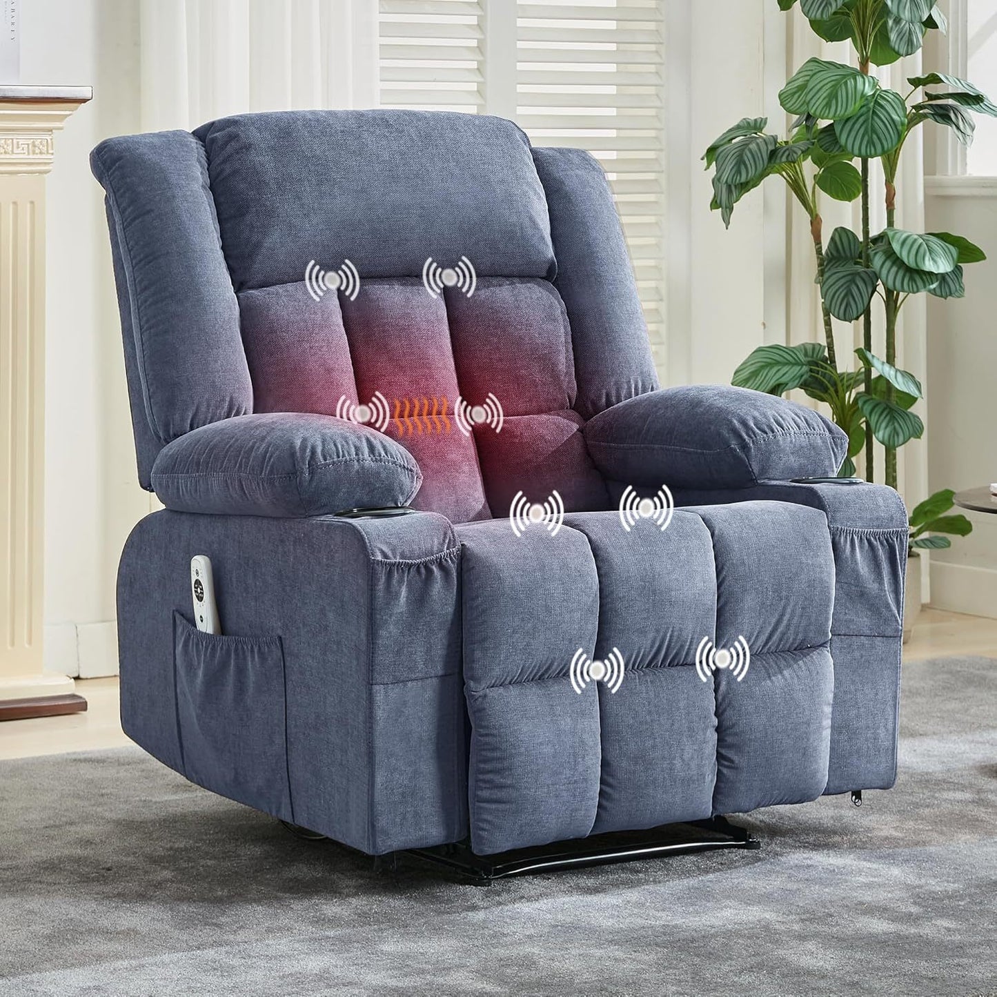 WhizMax Recliner Chair with Heat and Massage, Oversized Recliner Chairs with Remote Control, Blue