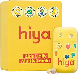 HIYA Kids Multivitamin Tablets â€“ 15+ Essential Vitamins & Minerals with Fruits & Veggies for Ages 2+, Supports Growth, Development & Immune, 0g Sugar â€“ 30 Day Supply for Toddlers & Kids