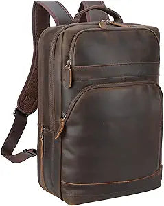 Masa Kawa Brown Leather Laptop Backpack for Men Fits 16â€ 15.6â€ Computer, Vintage Business Travel Work Large Daypack Weekender Bag Camping Rucksack