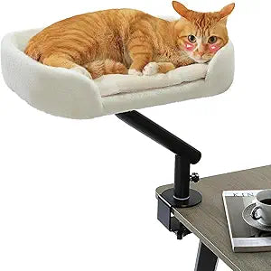 PAWZ Road Cat Desk Bed for Indoor Cats, Cat Bed for Desk Supports Up to 50 lbs, 360 Rotation & Adjustable, Nest Desktop Attachment Cats Hammock for Table, White
