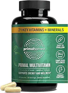 Primal Harvest Primal Multivitamin - Daily Multi-Vitamin Supplement with 21 Essential Vitamins & Minerals for Women & Men - Vitamin A, C, D, E, B12, B6, Biotin, Folic Acid, Zinc, Copper & Selenium