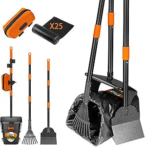 Dog Pooper Scooper with Bags & Dispenser - 37.4' Long Durable Metal Handle Swivel Bin & Rake & Spade Kit, Large Capacity Portable Pooper Scooper for Yards Easy to Assemble