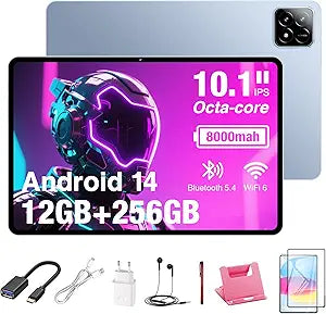 Android 14 10 Inch Tablet, 12GB RAM + 256GB ROM, Octa-Core, 2560 1600 IPS HD Touchscreen, 16MP+32MP Dual Camera, WiFi 7, BT5.4, 8000mAh