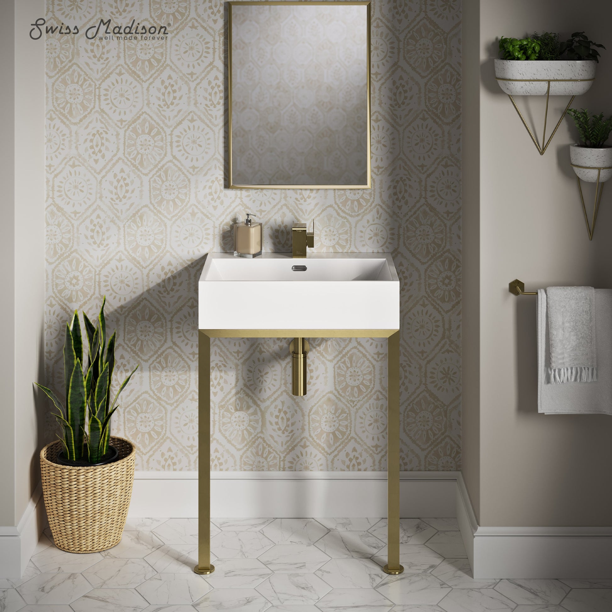Swiss Madison Bastille Ceramic 24-in Wall-mount Modern Brushed Gold Console Sink with Base