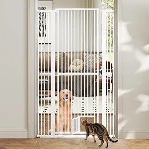 Giantex 67.5'' Extra Tall Pet Gate for Large Dogs & Cats, Adjustable 30.5'' 41'' Wide Dog Gate with Small Pet Door, Extension Kits, Pressure or Hardware Mount, Jump-Proof Indoor Barrier, White