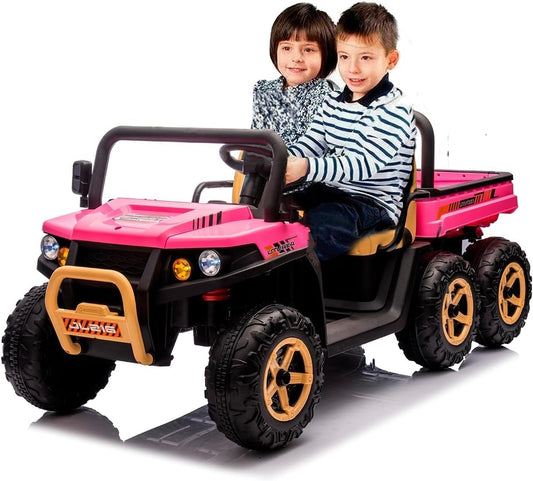Qeetex 24V Kids UTV Ride On Dump Truck With Parent Remote Control Four Motors Led Lights Music And Two Seater Pink