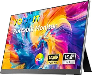 Yodoit Portable Monitor for Laptop 1920 1080 FHD 15.6' Travel Screen IPS Display with USB Type C Port and Speakers Compatible with PC, MacBook, Xbox (Black)