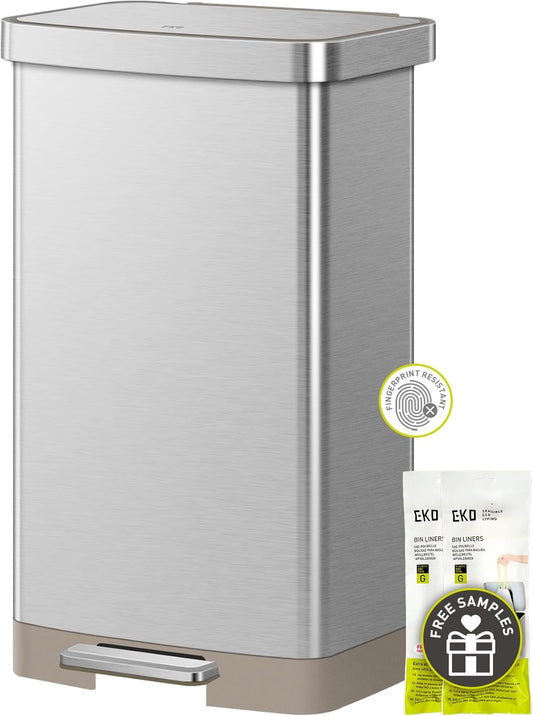 EKO Hudson Matte Stainless 75 Liter\/20 Gallon Step Trash Can with Rear Trash Bag Storage Compartment