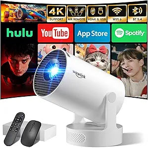 [Built-in Apps & 2026 Upgraded] Mini Projector with WiFi 6 and Bluetooth 5.4 Support 4K 1080P Auto Keystone 180 Rotatable Projector Portable Compatibile with HDMI/TV Stick/Memory Stick/Laptop, White