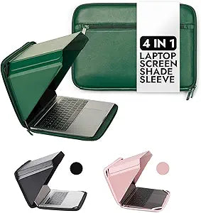15 -16' MacBook Laptop Sun Shade Sleeve with Built-in Hood | 4-in-1: Screen Shade, Privacy, Heat Protection, Contrast Enhancement | Made in Hemp and Vegan Leather - Green