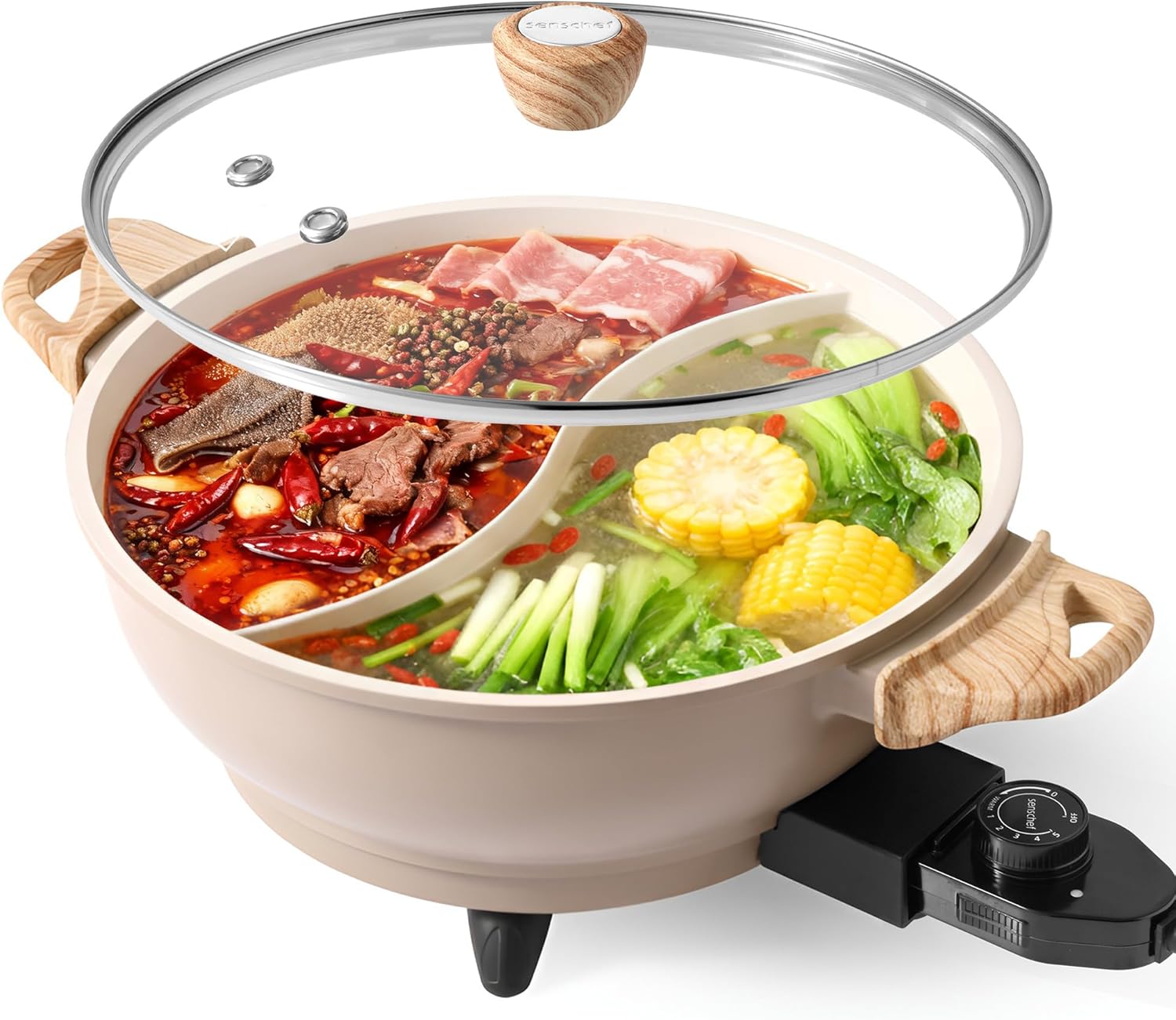 TWIN Electric Hot Pot with Divider | PFAS-Free Ceramic Nonstick Pot | EvenHeat Cast Aluminum Body | 1500W Fast Heating | Dual-Flavor Shabu Shabu Pots for Family Use | 1-Yr Warranty