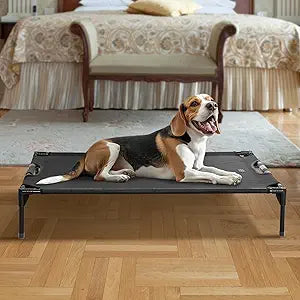Petsfit Elevated Raised Outdoor Dog Bed - Cooling Elevated Dog Cot, Upgraded Adjustable Firmness Pet Bed Pet Hammock Bed with Chew Proof Breathable Teslin Mesh Non Slip, Black 42