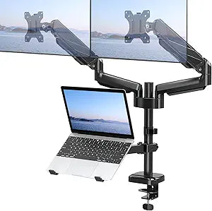 MOUNT PRO Monitor and Laptop Mount for 2 Max 27' Computer Screens, Laptop Tray Fits 10-17inch Notebook, 3-in-1 Adjustable Laptop and Monitor Desk Mount with VESA Bracket 75/100mm