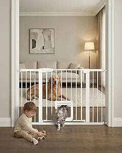 Baby Gate with Cat Door, 29.92-48 Wide Baby Gate for Stairs, Pressure Mounted Gate No Drill, Auto Close Dog Gate for Doorways, Easy Walk Through Safety Gates with Pet Door, Indoor, White