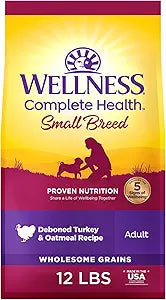 Wellness Complete Health Small Breed Adult Dry Dog Food with Grains and Real Turkey, Natural Ingredients, Omega Fatty Acids, and Probiotics, Made in USA (12-Pound Bag)