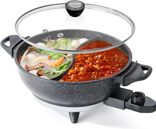 SENSCHEF TWIN Electric Hot Pot with Divider | EvenHeat Cast Aluminum Non-Stick Pot for No-Spot Cooking | 1500W Fast Heating | Dual-Flavor Shabu Shabu Pot for | 1-Yr Warranty | Granite Black