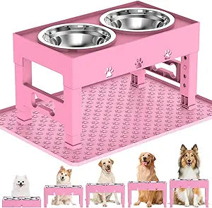Elevated Dog Bowls with Mat, Raised Dog Food Bowl Stand with 2 Stainless Steel Bowls, 5 Height Adjustable (3.1', 9', 10', 11', 12') Non-Slip Feeder Set for Medium and Large Dogs Pink