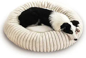 31.5 Calming Donut Pet Bed, Premium Striped Faux Rabbit Fur Anti-Anxiety for Dog & Cat, Shredded Sponge & PP Cotton Double Filling (Orthopedic Support), Fully Washable, Durable, Waterproof & Non-Slip