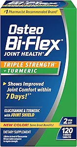 Osteo Bi-Flex Glucosamine Triple Strength Plus Turmeric Supplement with Curcumin for Joint Support and Range of Motion, 60 Day Supply, 120 Coated Tablets, Joint Health Nutritional Supplements