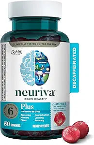 NEURIVA Plus Decaffeinated Nootropic Brain Supplement for Memory, Focus & Concentration & Cognitive Function, Clinically Tested NeuroFactor, Phosphatidylserine, Vitamins B6 B12,50ct Strawberry Gummies