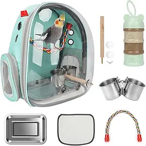 Rypet Bird Carrier Backpack Parrot Portable Breathable Bag Pet Bird Lightweight Travel Cage with Standing Perch and Stainless Steel Tray Mint Green