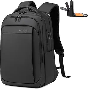 FENRUIEN Expandable Travel Backpack for Men, Water Resistant Computer Backpack with USB Charging Port Black Laptop Bag 15.6 Inch