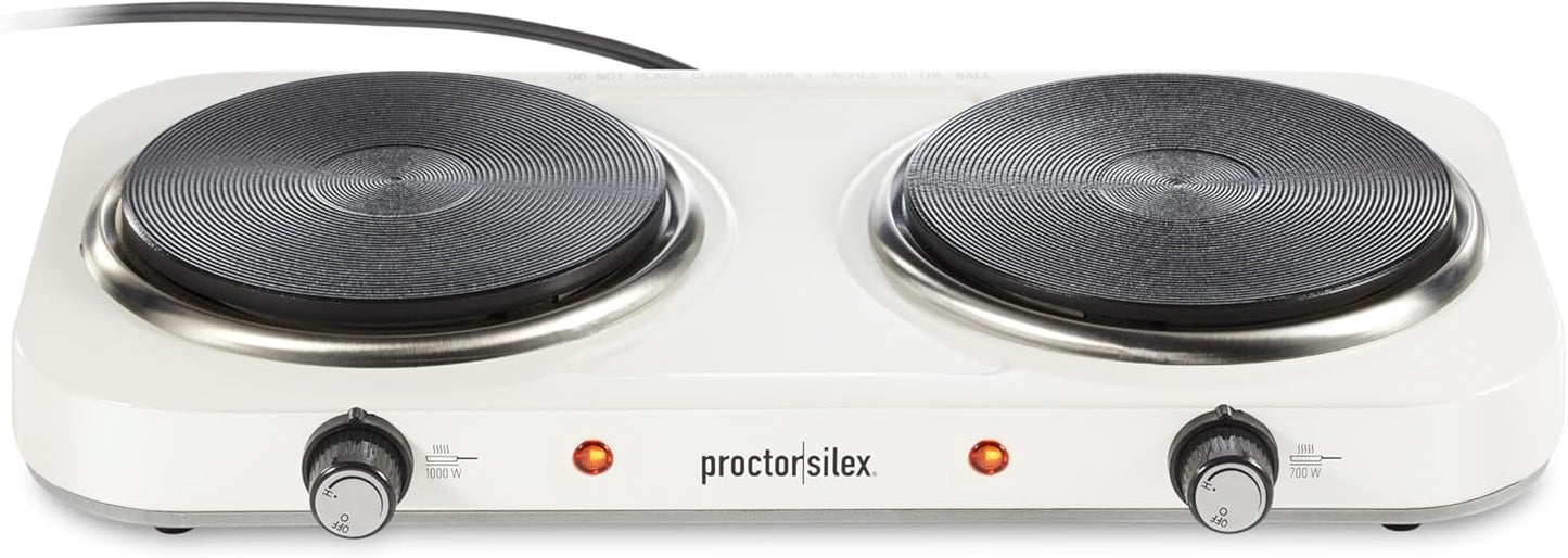 Proctor Silex Portable Electric Stove, Cast Iron Double Burner Cooktop, Compact, Adjustable Temperature Hot Plate, 1700 Watts, White (34117)