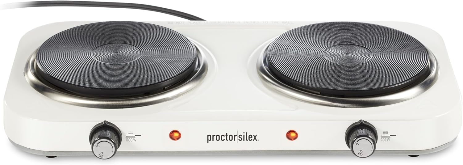 Proctor Silex Portable Electric Stove, Cast Iron Double Burner Cooktop, Compact, Adjustable Temperature Hot Plate, 1700 Watts, White (34117)