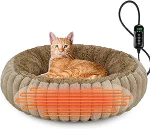 INVENHO Heated Cat Beds for Indoor Cats and Small Dogs, 20' Cozy Donut Heated Pet Bed with Timer & Temp Adjustable, Removable Waterproof Electric Warming Bed for Indoor Cat
