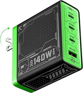 Mfish E-Rhino 140W USB-C Charger, True PD 3.1 GaN Fast Charger, 4-Port (3 USB-C + 1 USB-A) Foldable Plug Power Adapter for MacBook Pro 16 , iPhone 17/16, iPad, Galaxy, Tablet, Laptop